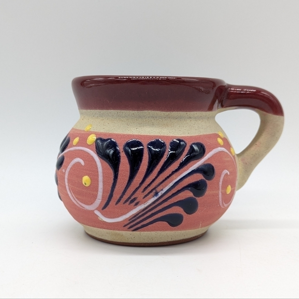 Handmade tan pink blue stoneware coffee mug